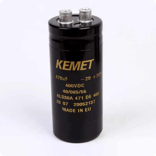 KEMET Aluminum Electrolytic Capacitors KEMET ALS30A471DE400 — ALS30 Series Screw‑Terminal Aluminum Electrolytic Capacitor, 470 µF ±20%, 400 VDC, 11,000 hr, Ø36×82 mm, Lead Spacing 12.8 mm, ESR 267 mΩ, Ripple 3.5 A — Pack of 10