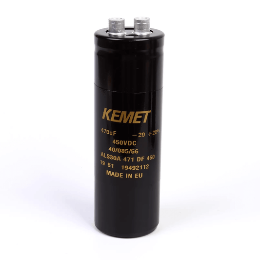 KEMET Aluminum Electrolytic Capacitors KEMET ALS30A471DF450 — ALS30 Series Screw‑Terminal Aluminum Electrolytic Capacitor, 470 µF ±20%, 450 VDC, 11,000 hr, Ø36×105 mm, Lead Spacing 12.8 mm, ESR 235 mΩ, Ripple 4.0 A — Pack of 10