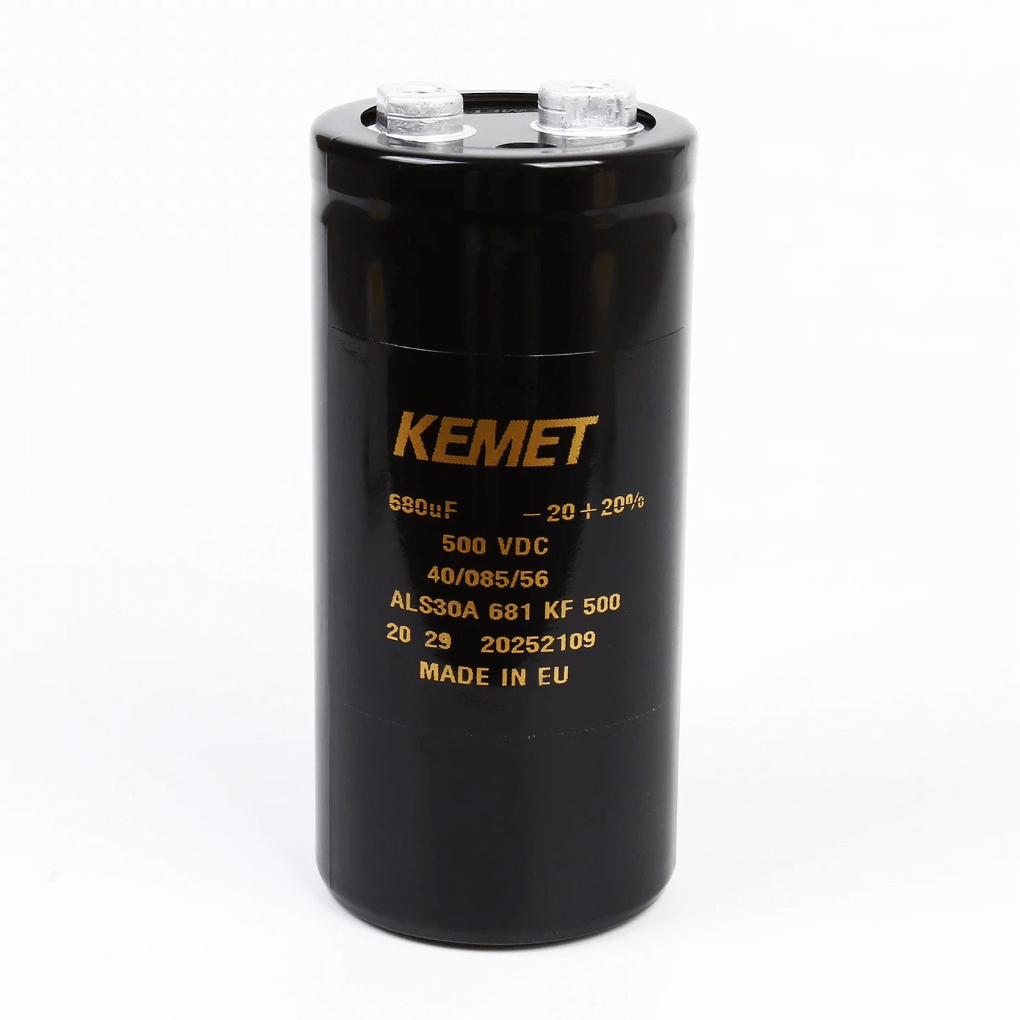 KEMET Aluminum Electrolytic Capacitors KEMET ALS30A681KF500 — ALS30 Series Screw‑Terminal Aluminum Electrolytic Capacitor, 680 µF ±20%, 500 VDC, −40 °C to +85 °C, Screw Terminal — Pack of 5