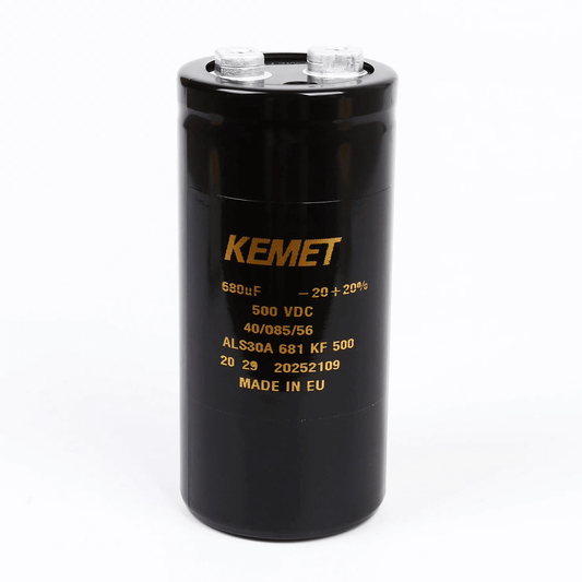 KEMET Aluminum Electrolytic Capacitors KEMET ALS30A681KF500 — ALS30 Series Screw‑Terminal Aluminum Electrolytic Capacitor, 680 µF ±20%, 500 VDC, −40 °C to +85 °C, Screw Terminal — Pack of 5