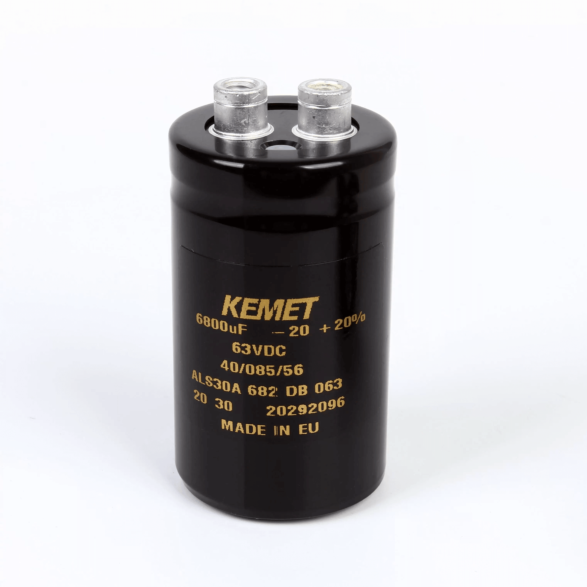 KEMET Aluminum Electrolytic Capacitors KEMET ALS30A682DB063 — ALS30 Series Screw‑Terminal Aluminum Electrolytic Capacitor, 6800 µF ±20%, 63 VDC, 11,000 hr, Ø36×62 mm, Lead Spacing 12.8 mm, ESR 26 mΩ @100 Hz, Ripple 8.2 A — Pack of 10