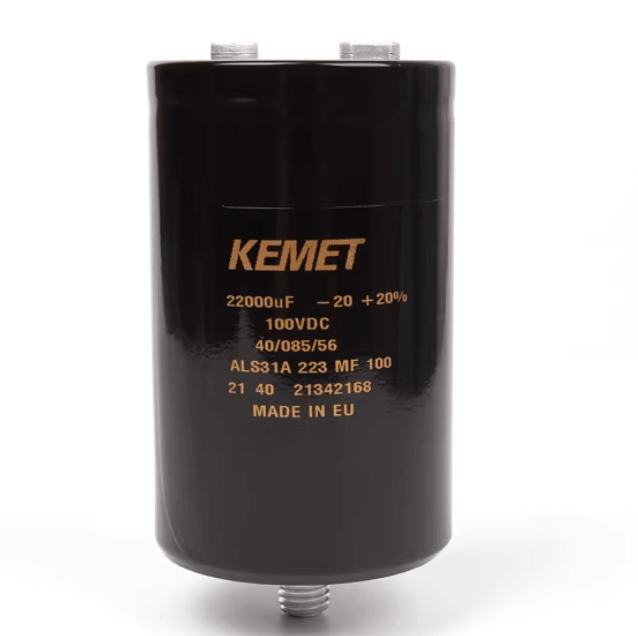 KEMET Aluminum Electrolytic Capacitors KEMET ALS31A223MF100 — ALS31 Series Screw‑Terminal Aluminum Electrolytic Capacitor, 22,000 µF ±20%, 100 VDC, 19,000 hr, Ø66×105 mm, Lead Spacing 28.5 mm, ESR 13 mΩ @100 Hz, Ripple 18.4 A — Pack of 5