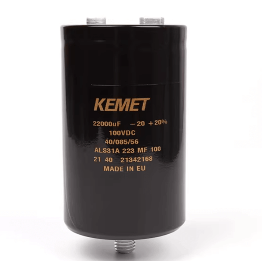KEMET Aluminum Electrolytic Capacitors KEMET ALS31A223MF100 — ALS31 Series Screw‑Terminal Aluminum Electrolytic Capacitor, 22,000 µF ±20%, 100 VDC, 19,000 hr, Ø66×105 mm, Lead Spacing 28.5 mm, ESR 13 mΩ @100 Hz, Ripple 18.4 A — Pack of 5