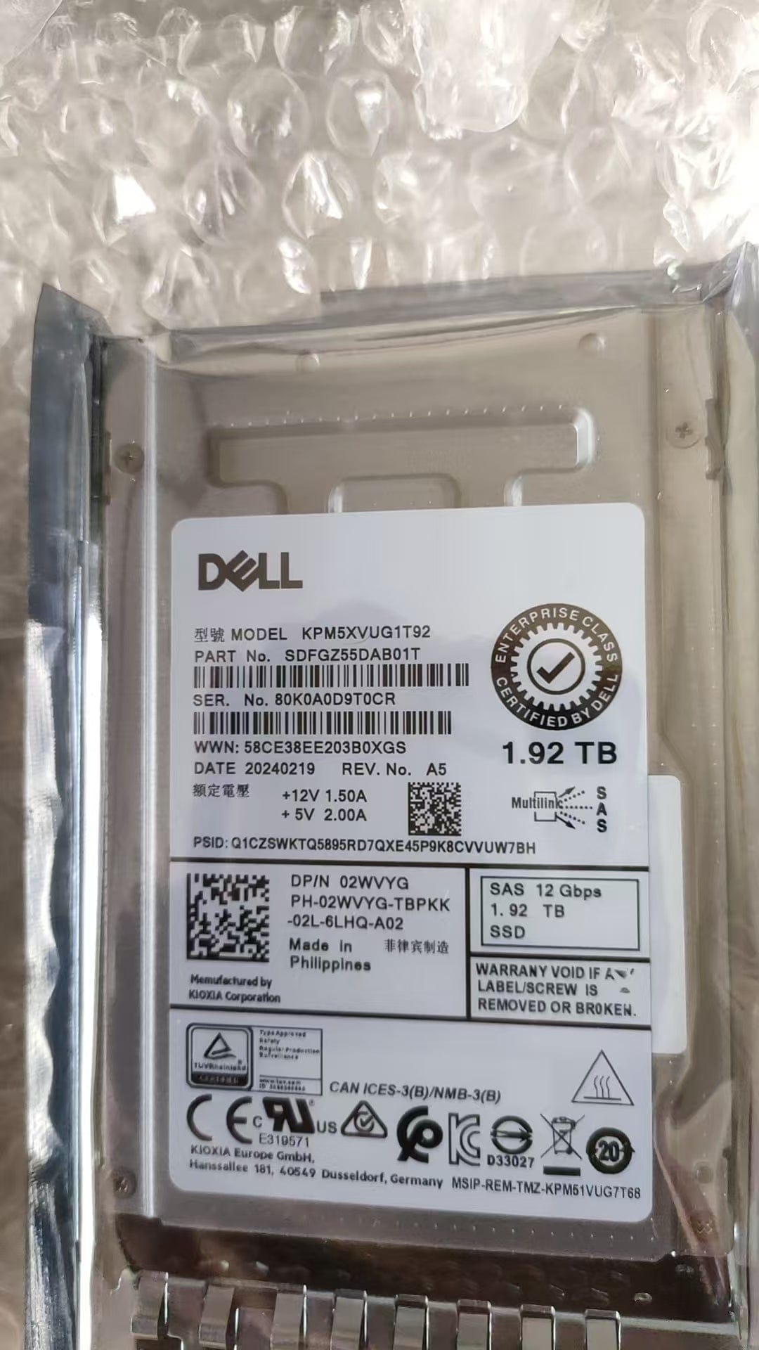 KIOXIA Kioxia RM7-V 1.92TB SED TLC SAS 12Gbps 2.5-inch Mix Use SSD (SDFGZ55DAB01T) - Dell OEM Refurbished