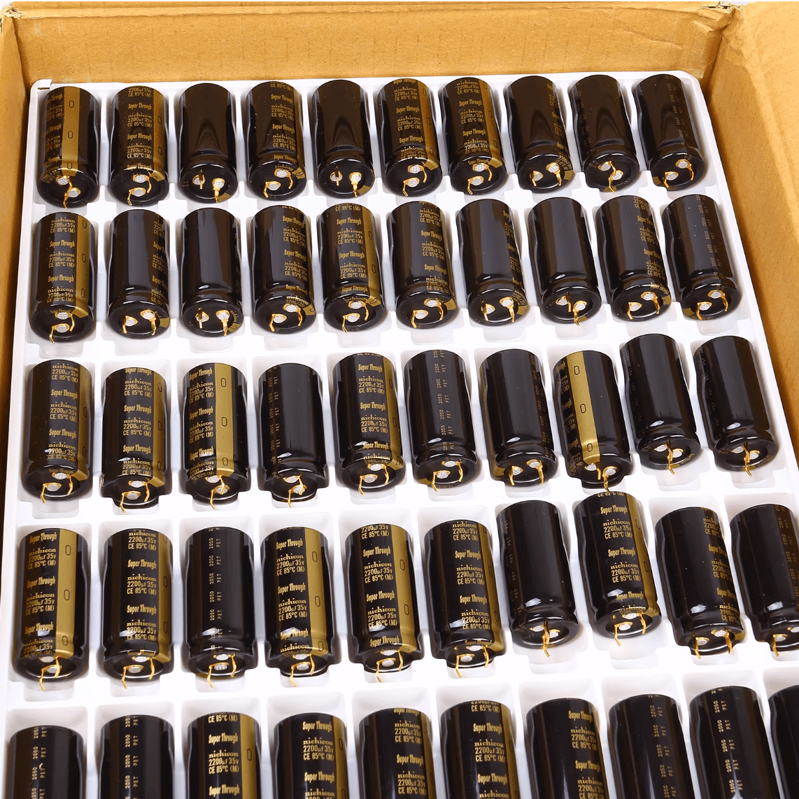 Nichicon Aluminum Electrolytic Capacitors Nichicon LKG1V222MESZCK Capacitor, 2200uF 35V, Gold Tune Audio Grade Snap-In, 22x45mm - Pack of 5