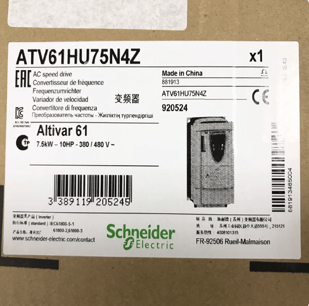 Schneider Schneider Electric Altivar ATV61HU75N4Z VFD, 10 HP (7.5 kW), 3-Phase 380-480V, IP20