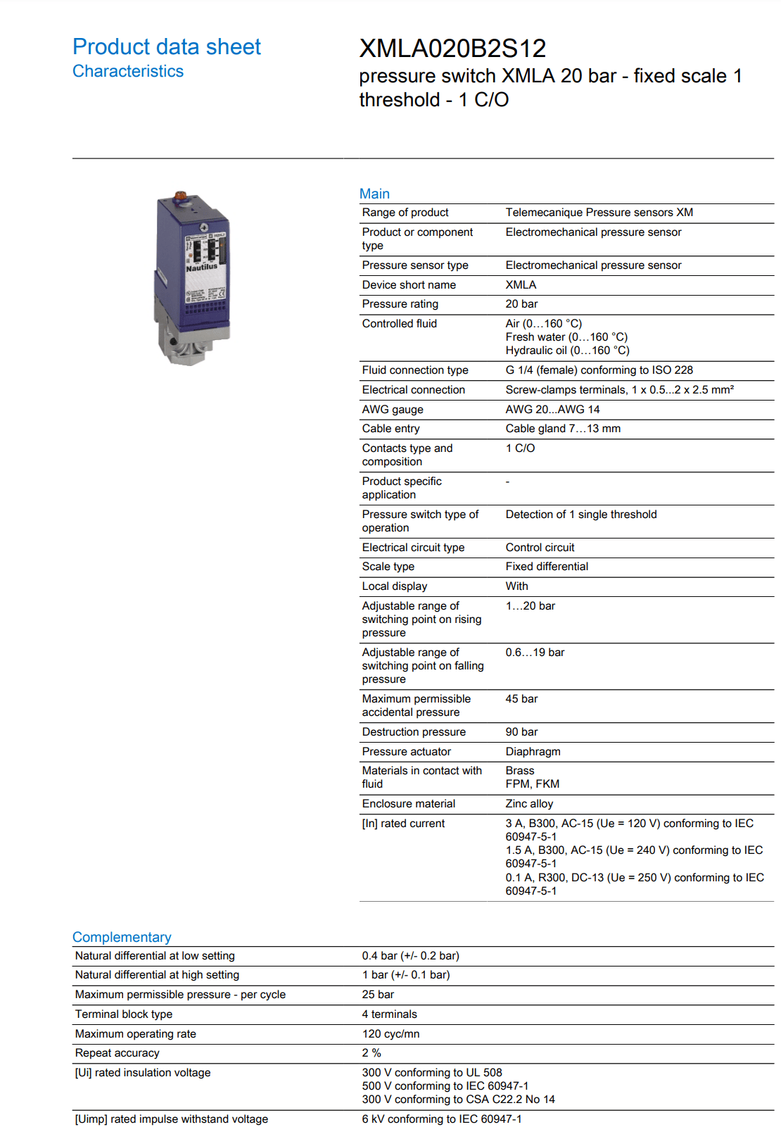 Schneider Schneider XMLA020B2S12 Electromechanical pressure sensor  (2 Pieces)