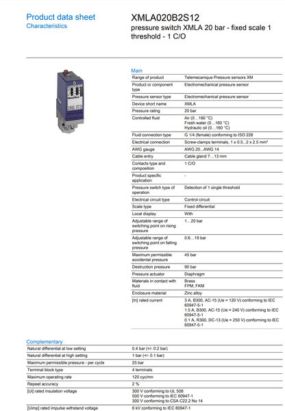 Schneider Schneider XMLA020B2S12 Electromechanical pressure sensor  (2 Pieces)