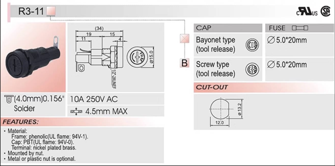 SCI R3-11B 20pcs Fuses base: 5*20 spiral insurance socket 10A 250V / R3-11B ( Suitable for 5*20 fuses )