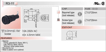 SCI R3-11B 20pcs Fuses base: 5*20 spiral insurance socket 10A 250V / R3-11B ( Suitable for 5*20 fuses )