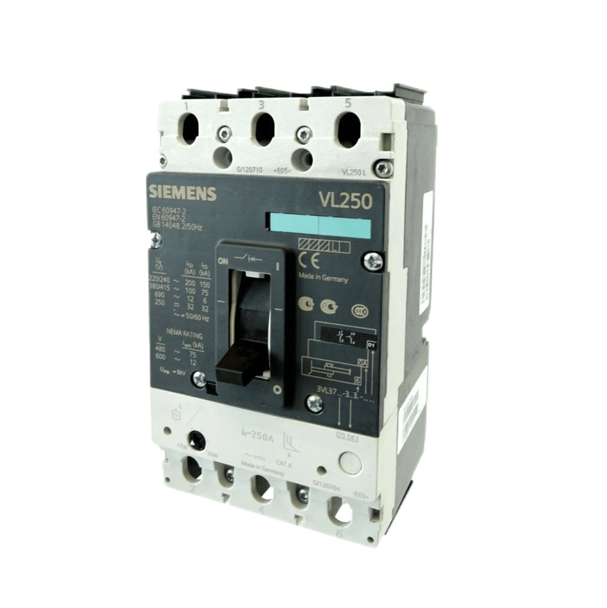 Siemens two-level Siemens 3VL3725-3AA36-0AA0 VL250L Molded Case Circuit Breaker, 3‑Pole, ≤250 A (In), Icu 100 kA @ 415 V — No Electronic Trip Unit