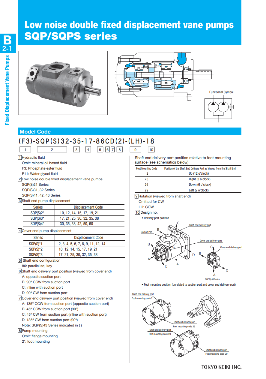 TOKIMEC TOKIMEC SQP21 Series Vane Pump, Fixed Displacement, Low Noise, For Mineral Oil