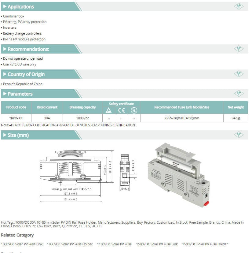 Yingrong Fuse Holders 5pcs Yingrong 30A 1000VDC 10x85mm DIN Rail Fuse Holders for Solar PV Systems