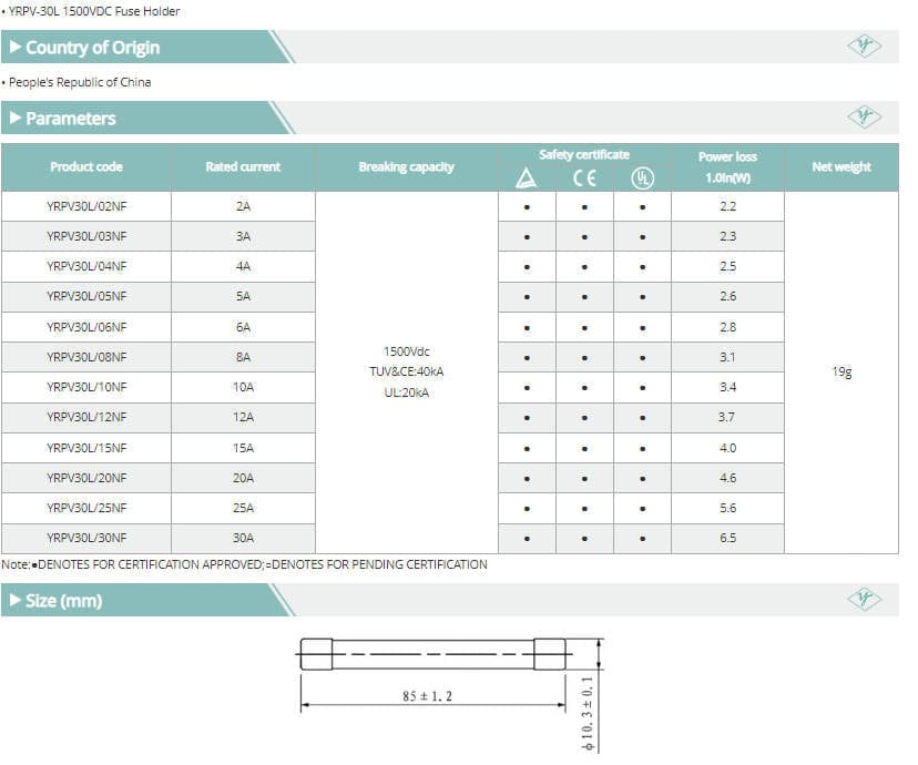 Yingrong Yingrong YRPV-30L 1A 1500V 10x85mm Fuses (10 Pieces)